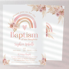 Boho Rainbow Baptism Invitation, Pastel Watercolor (Editable in Corjl)