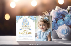 Blue Princess 1st Birthday Invitation with Photo (Editable Template)
