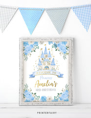 Princess Birthday Welcome Sign, Light Blue and Gold Castle (Instant Download)