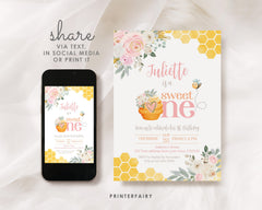 Bee First Birthday Invitation, Sweet One Honeycomb (Digital Download)