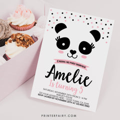 Panda Birthday Invitation Editable Template, Pink and Black, INSTANT DOWNLOAD