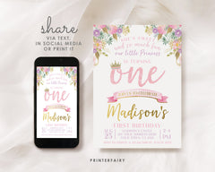 Princess First Birthday Invitation, Royal EDITABLE (Digital Download)