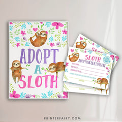 Sloth Adoption Sign and Certificate, Sloth Party Decor (Digital Files)
