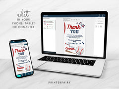 Editable Baseball Thank You Card, Sports Birthday (Digital Item)