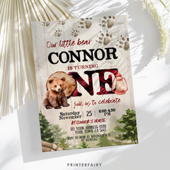 Lumberjack Bear 1st Birthday Invitation, Winter Woodland (Instant Download)