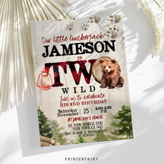Lumberjack Bear 2nd Birthday Invitation, Two Wild (Instant Download)