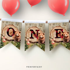 Lumberjack Bear 1st Birthday Banner, Woodland Garland (Printable)