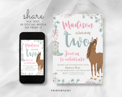 Floral Horse 2nd Birthday Invitation, Editable Pony Party (Digital Download)