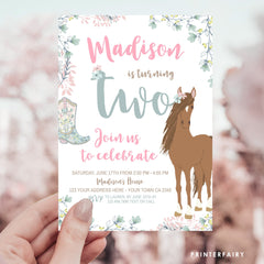 Floral Horse 2nd Birthday Invitation, Editable Pony Party (Digital Download)