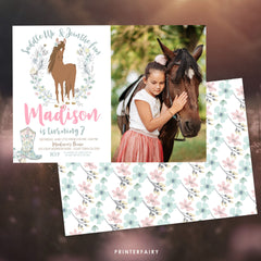 Floral Horse Birthday Invitation with Photo (Instant Download)