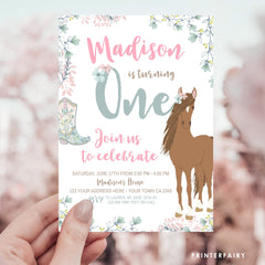 Floral Horse 1st Birthday Invitation, Western Party (Editable Template)