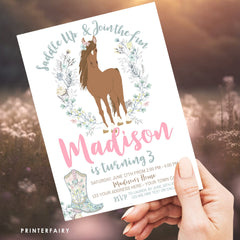 Floral Horse Birthday Invitation, Cowgirl Pony Party (INSTANT DOWNLOAD)
