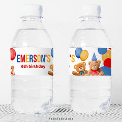 Bear Birthday Water Bottle Label, Editable Party Decor (Digital)