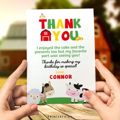 Farm Birthday Thank You Card, Animals, Barnyard Party (Instant Download)