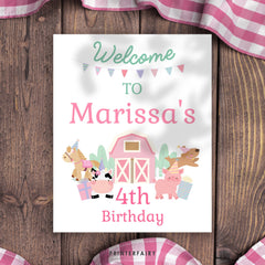 Farm Birthday Welcome Sign, Pink Barnyard Animals (Editable Digital Download)