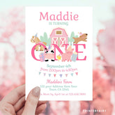 Farm Animals First Birthday Invitation, Pink Barnyard (Editable, Digital Download)