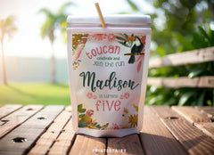Tropical Birds Birthday Drink Pouch Label, Editable (Instant Download)
