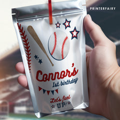 Editable Baseball Birthday Drink Pouch Label (Digital)