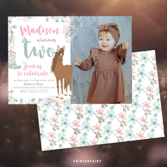 Floral Horse 2nd Birthday Invitation with Photo, Editable (Digital Download)