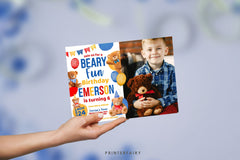 Teddy Bear Photo Birthday Invitation, Editable Printable