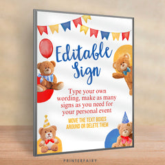 Bear Birthday Party Editable Welcome Sign (Digital Download)