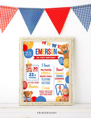 Bear First Birthday Stats Board, Teddy Bear Party (Editable Digital Item)