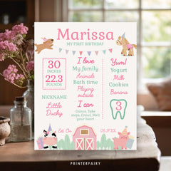 Farm First Birthday Stats Sign, Pink Barnyard Party (Download)