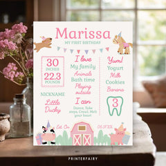 Farm First Birthday Stats Sign, Pink Barnyard Party (Download)