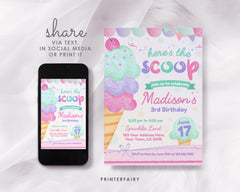 Ice Cream Birthday Party Invitation, Editable Template (Instant Download)