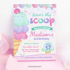 Ice Cream Birthday Party Invitation, Editable Template (Instant Download)