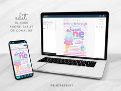 Ice Cream 1st Birthday Invitation, Editable Template (Digital Download)