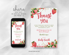 Strawberry Baby Shower Thank You Card, Editable (Digital Download)
