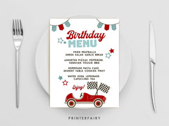 Race Car Birthday Party Menu, EDITABLE dinner sign, Racing Car Party, Racing Party Decorations, Racing Car Birthday Party, Printable Menu
