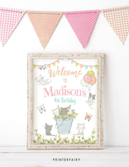 Kitten Garden Birthday Welcome Sign, Editable Cat Party Decor (Printable)