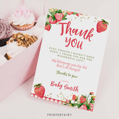 Strawberry Baby Shower Thank You Card, Editable (Digital Download)