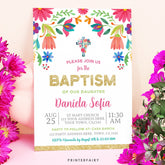 Mexican Floral Baptism Invitation, Fiesta Party (Editable Digital Item)