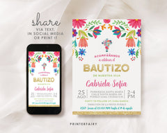 Floral Fiesta Bautizo Invitation, Editable Spanish Invite (Digital Download)