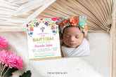 Mexican Floral Baptism Invitation with Photo, Editable Fiesta Invite (Digital)