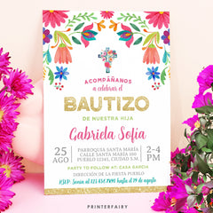Floral Fiesta Bautizo Invitation, Editable Spanish Invite (Digital Download)