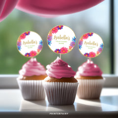 Mexican Fiesta Cupcake Toppers, Editable Floral Party Decoration (Digital)