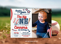 Baseball First Birthday Invitation with Photo, EDITABLE (Digital Item)