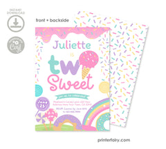 Candyland Two Sweet Invitation, Ice Cream Donut Birthday (Editable Digital)
