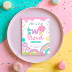 Candyland Two Sweet Invitation, Ice Cream Donut Birthday (Editable Digital)
