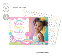 Candyland Birthday Invitation with Photo, Editable Ice Cream Sprinkle Invite