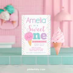Ice Cream First Birthday Invitation, EDITABLE Sweet One (Digital)
