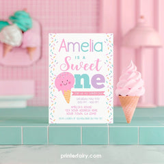 Ice Cream First Birthday Invitation, EDITABLE Sweet One (Digital)