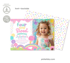 Candyland 4th Birthday Invitation, Rainbow Sprinkles, Photo (Digital)