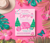 Pink Camping Birthday Invitation, Editable Template (Digital Download)