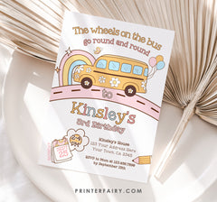Wheels on the Bus Birthday Invitation, Rainbow School Bus (Instant Download)