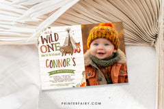 Wild One Birthday Invitation with Photo, Tribal Woodland (Digital Download)